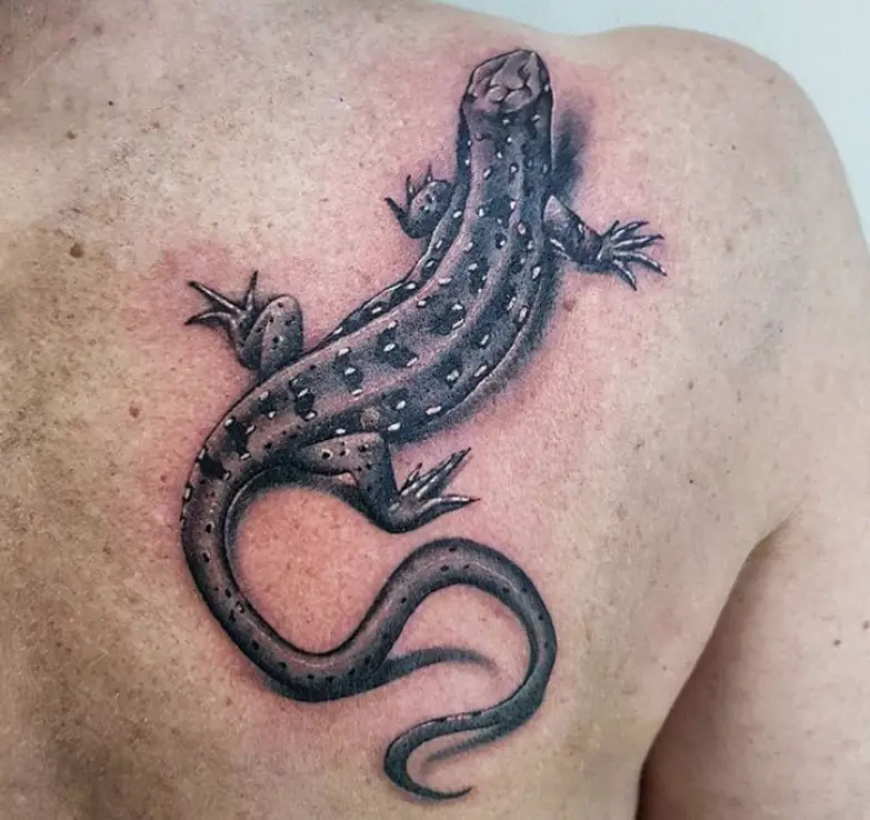 black and gray Lizard Tattoo on the back