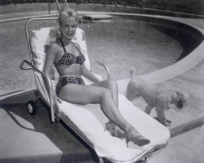 Barbara Eden sitting on the chair by the pool with her poodle walking away