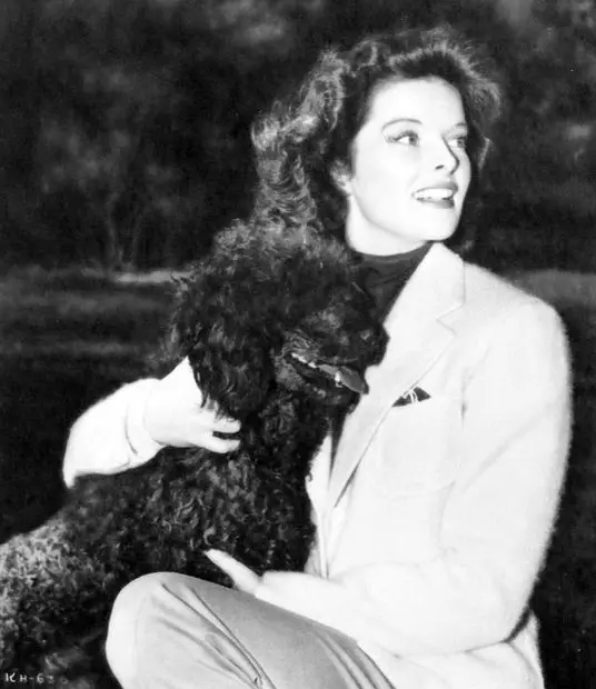 Katharine Hepburn sitting at the park with her poodle leaning on her
