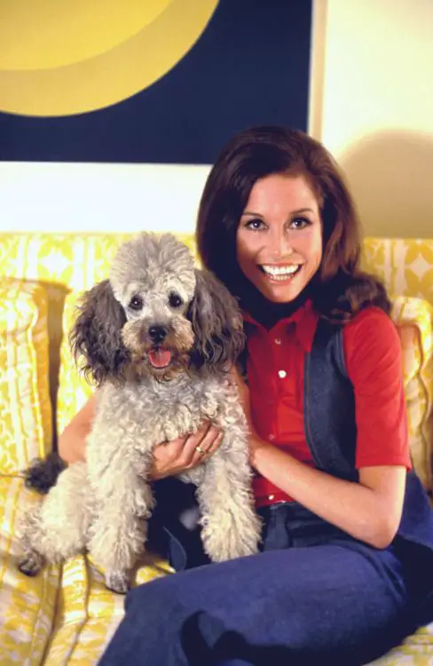 Mary Tyler Moore sitting on the couch while holding her poodle sitting next to her