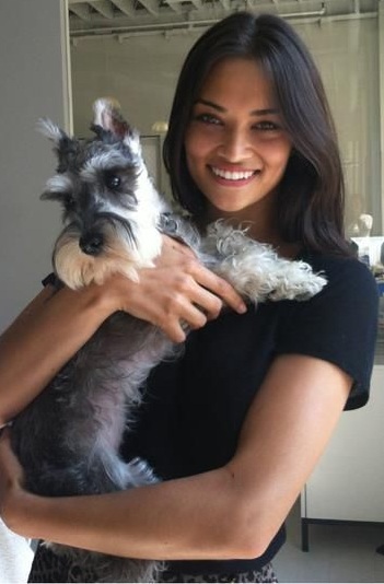 Shanina Shaik hugging her Schnauzer