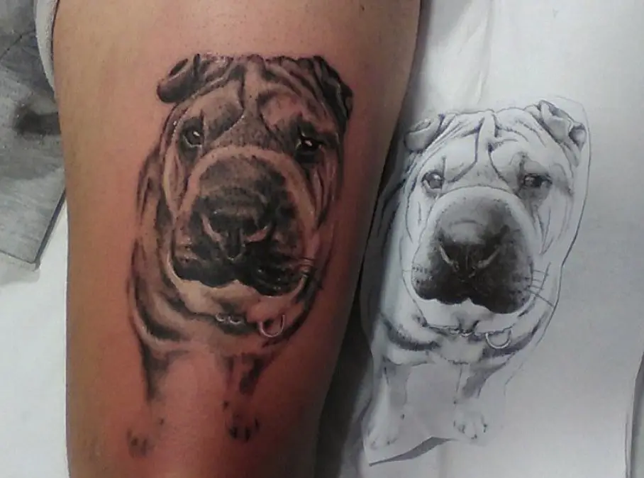 3D black and gray Shar-Pei tattoo on the thigh