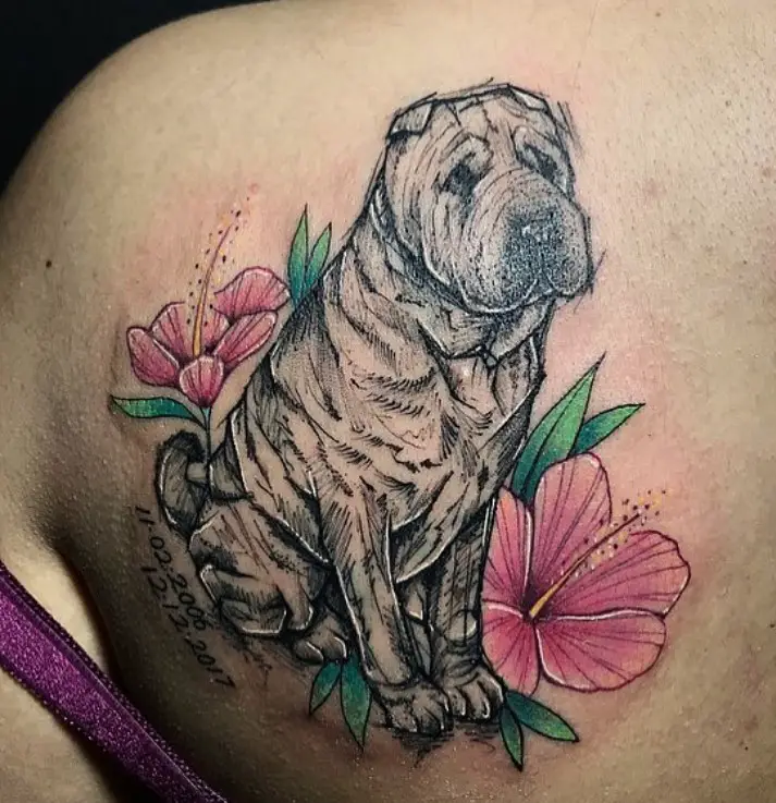 A Shar-Pei sketch with pink flowers tattoo on the back