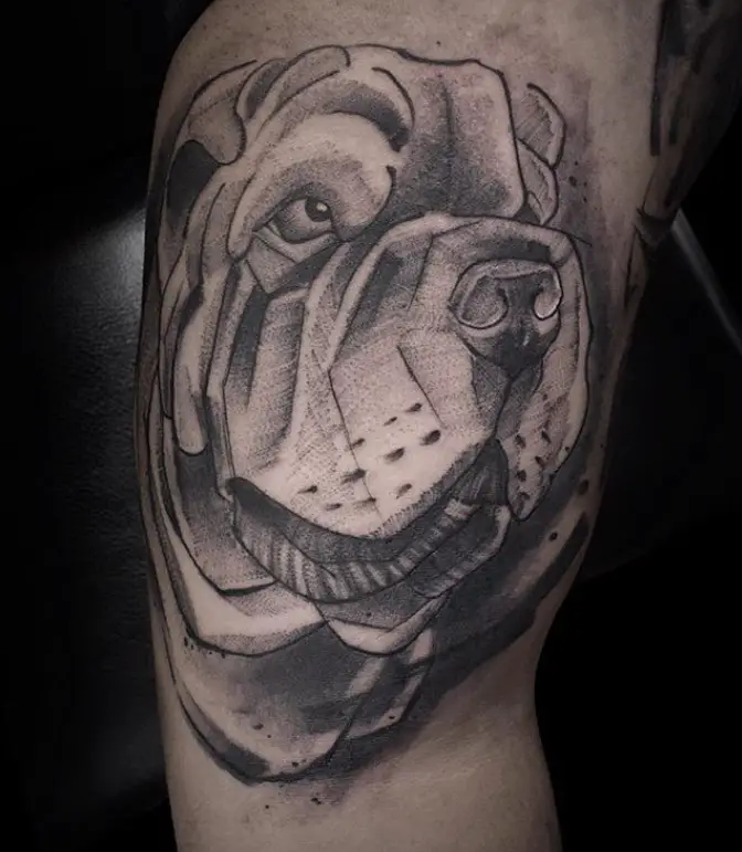 A 3D black and gray Shar-Pei tattoo on the leg