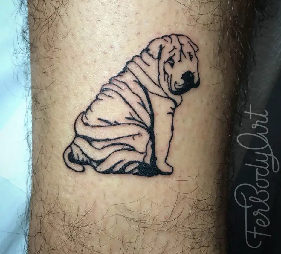 outline of a sitting Shar-Pei puppy tattoo on the leg