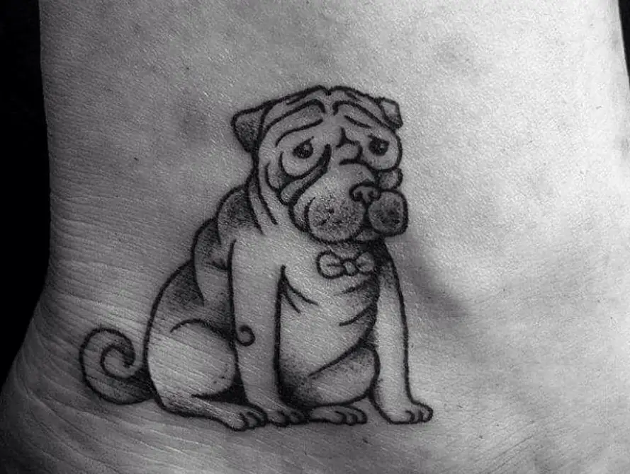 Outline of a Shar-Pei puppy tattoo on the ankle