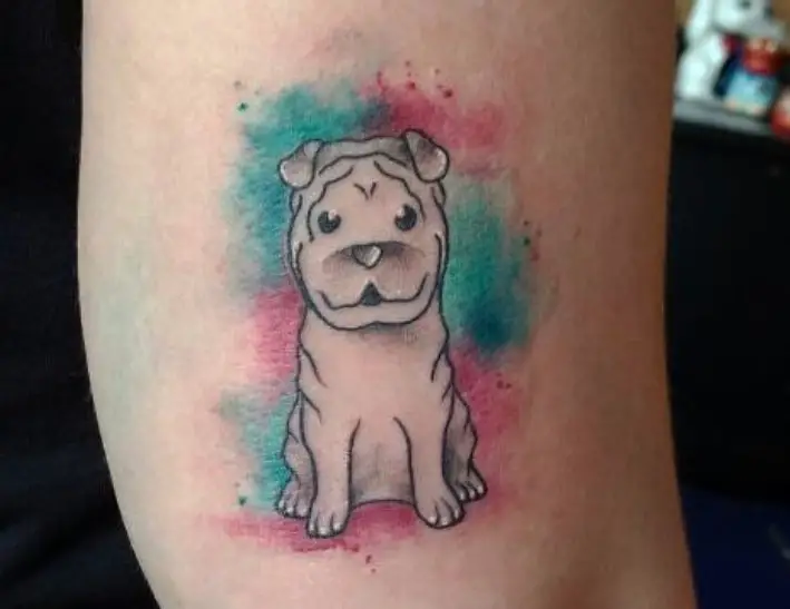 Outline of a Shar-Pei with watercolor background tattoo on the arm
