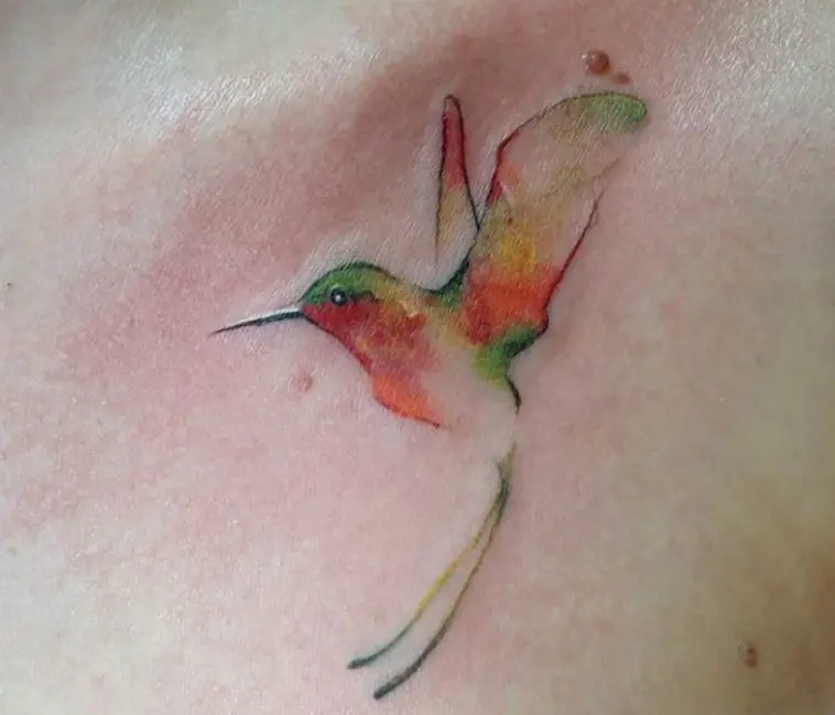green, orange, red, yellow watercolor Small Hummingbird Tattoo