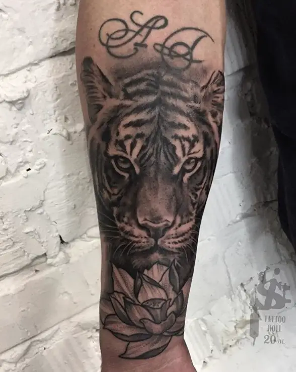 A black and gray Tiger Tattoo on the forearm