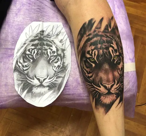a realistic face of a Tiger Tattoo on the biceps