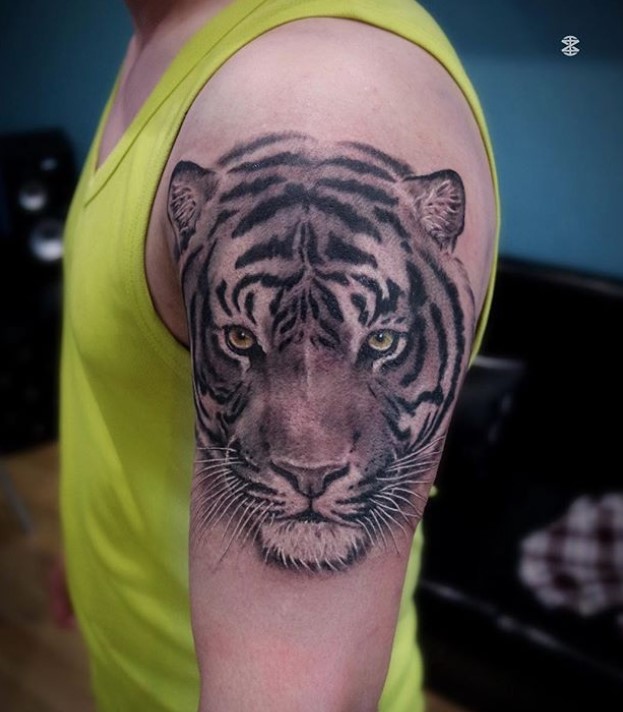 realistic face of a Tiger Tattoo on the shoulder of a man