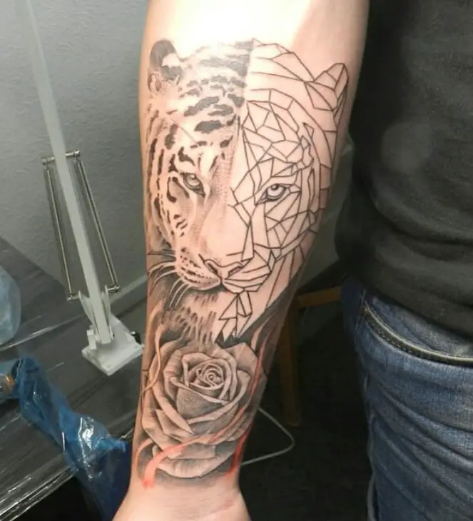 half 3D and half geometric Tiger Tattoo on the forearm