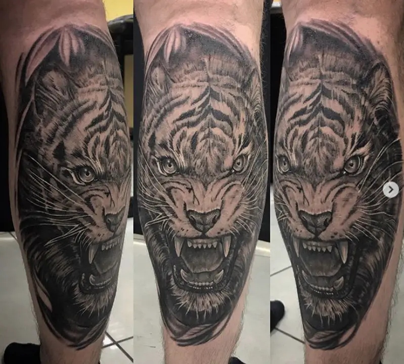 A black and gray 3D angry face of a Tiger Tattoo on the leg