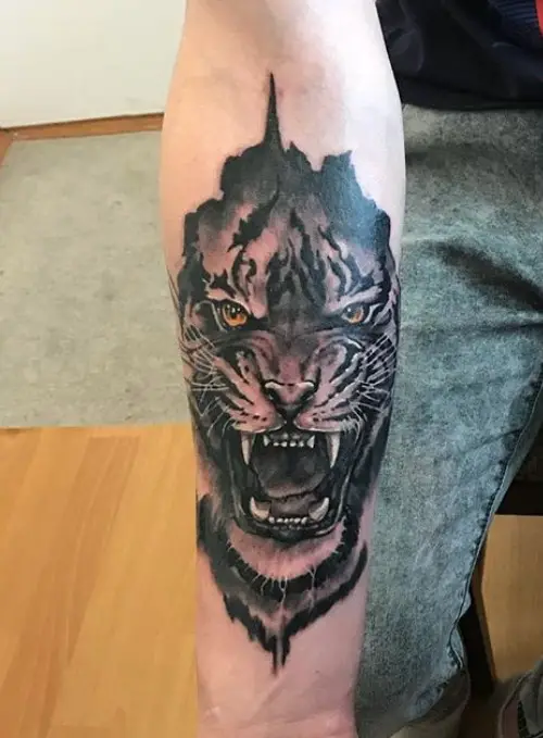 angry realistic face of a Tiger Tattoo on the forearm