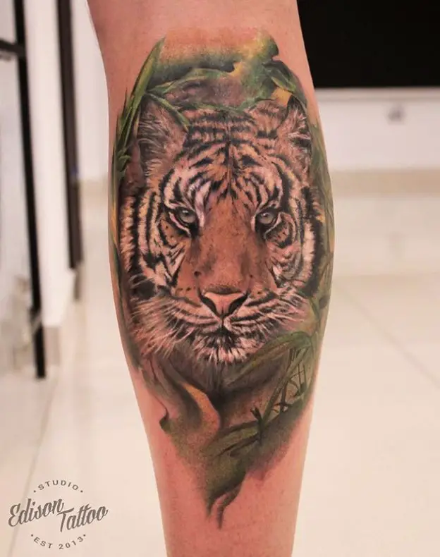 Realistic face of a Tiger Tattoo on the leg