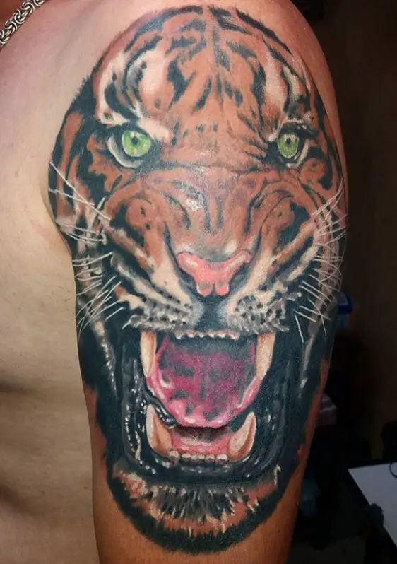 Realistic orange Tiger Tattoo on the shoulder