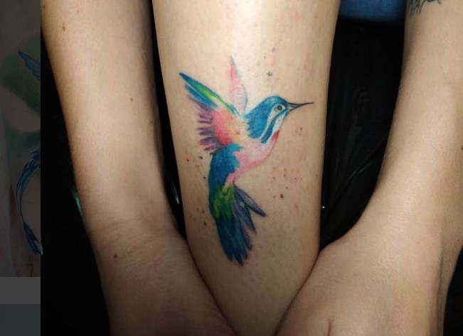 Watercolor Hummingbird Tattoo tattoo on the leg
