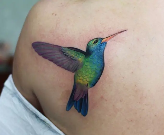 purple, green and blue colored hummingbird tattoo on the back