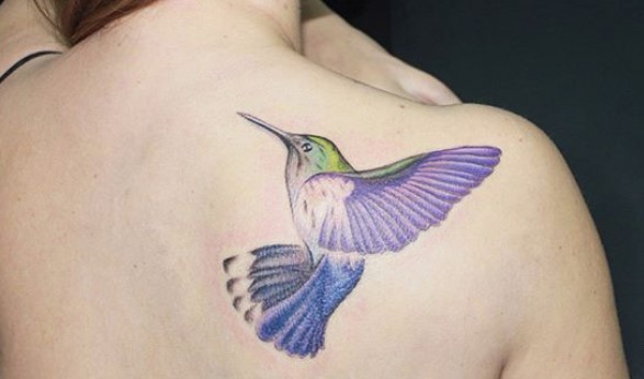green, violet, and blue colored hummingbird tattoo on the shoulder