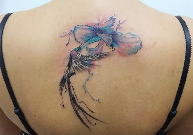 outline of hummingbird feeding on blue, pink, and purple watercolor flower tattoo on the back