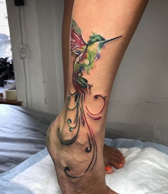 Watercolor Hummingbird Tattoo on the leg up to the ankle