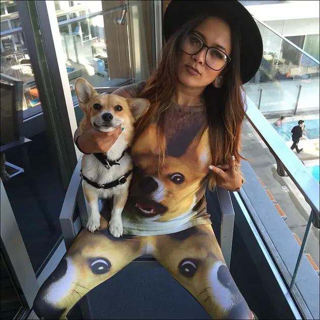 A Corgi sitting beside a woman wearing a sleeves shirt and leggings printed with faces of Corgi