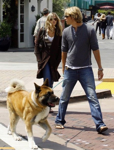 Eric Christian Olsen walking its Akita Inus in the street