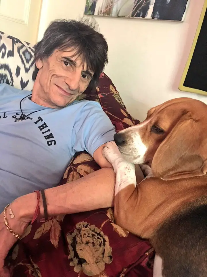 Ronnie Wood sitting on the couch with his Basset Hound leaning towards him