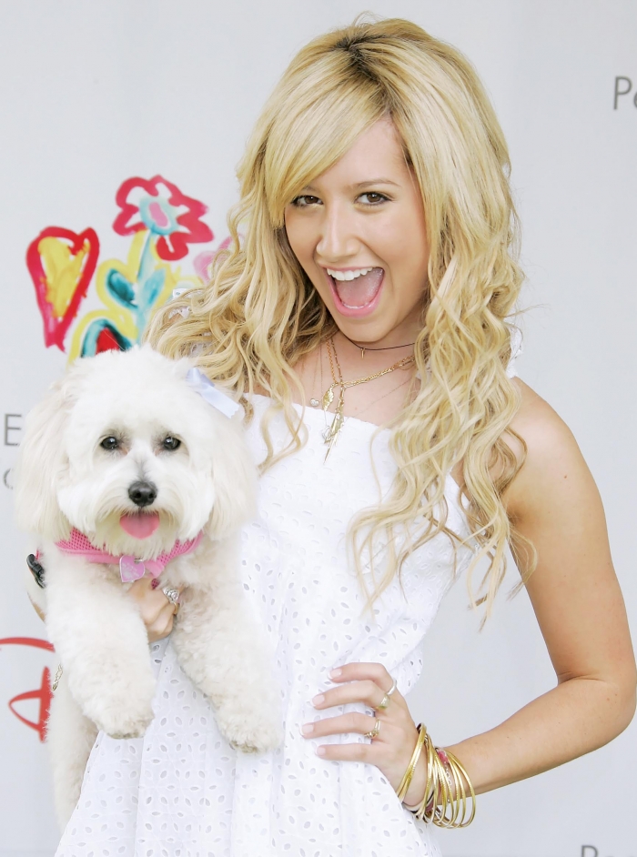 ASHLEY TISDALE posing with a big smile on her face while carrying her Bichon Frise