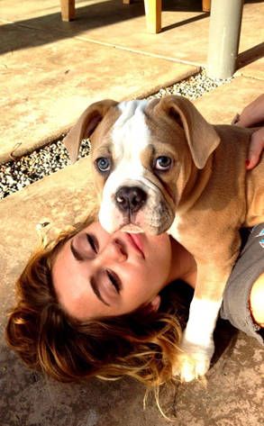 Miley Cyrus lying on the floor while hugging her Boxer puppy on top of her