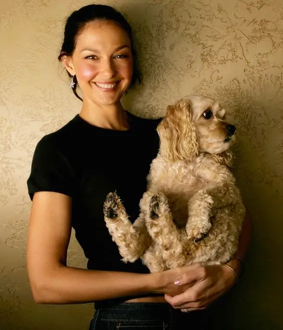 Ashley Judd carrying her Cocker Spaniel in her arms