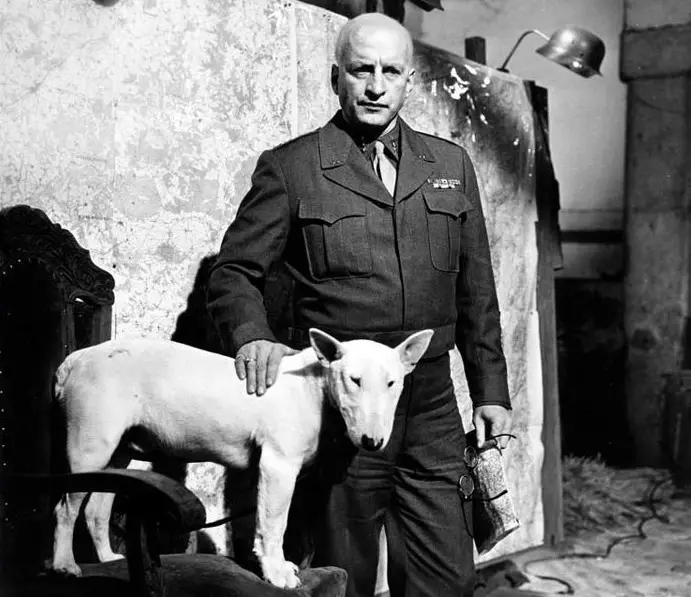 black and white photo of General Patton with his English Bull Terrier on the chair