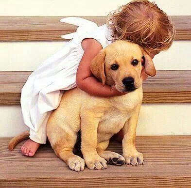little girl hugging a Labrador puppy