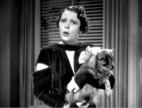 black and white photo of Alice Brady carrying her Pekingese with her confused face