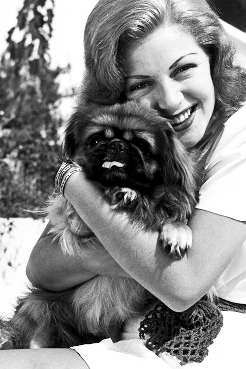 black and white photo of Lana Turner happily hugging her Pekingese
