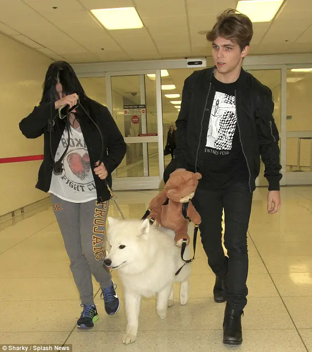 Ariel Winter and Laurent Gaudette walking inside a building with their Samoyed Dog 