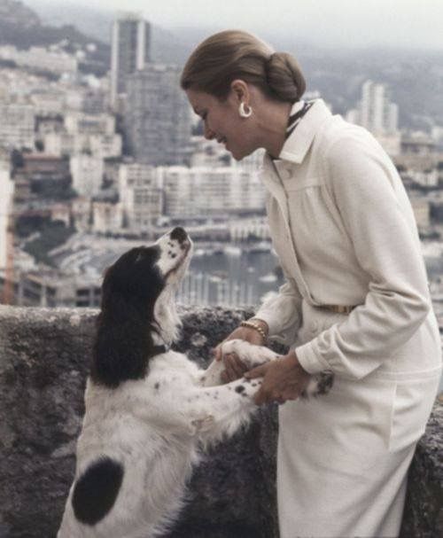Princess Grace in the balcony holding the hands of her Springer Spaniel standing up in front of her