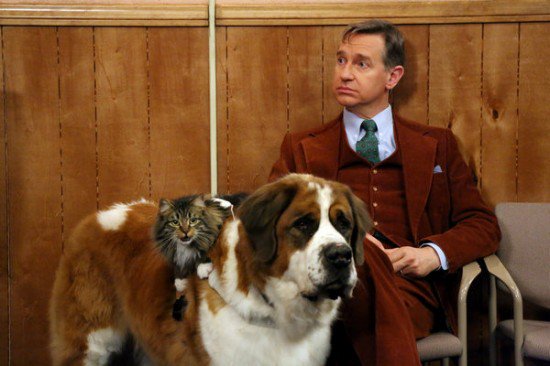 Paul Feig sitting on the chair next to his St. Bernard Dog with a cat lying on top of him