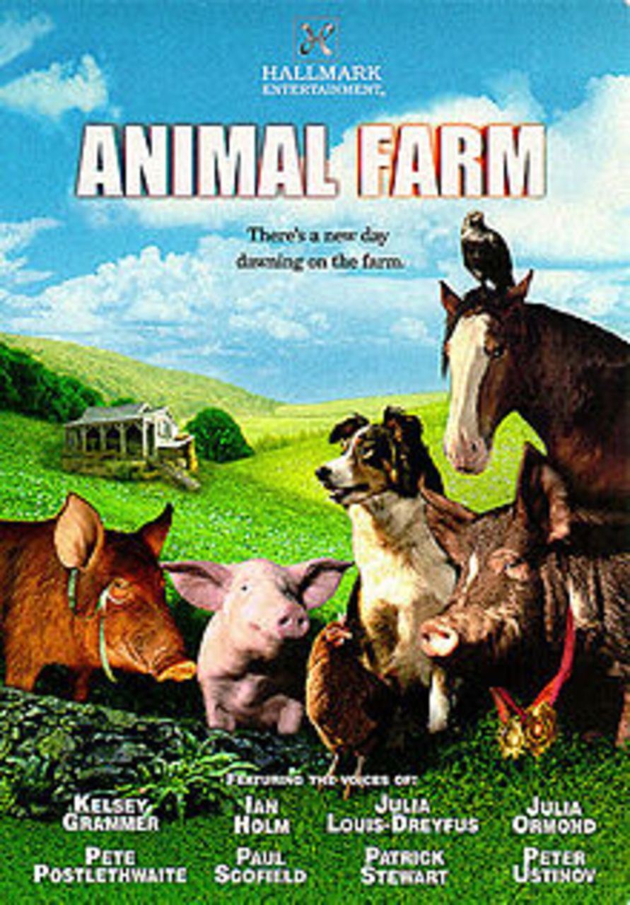 A portrait with title - Animal Farm and with animals in the field