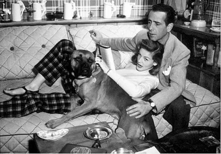 Humphrey Bogart sitting on the couch with a lady and their Boxer dog lying next to them