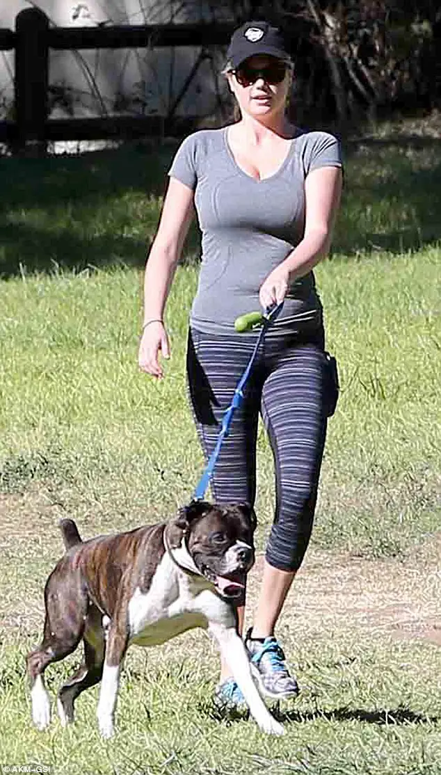 Kate Upton walking at the park with her Boxer Dog