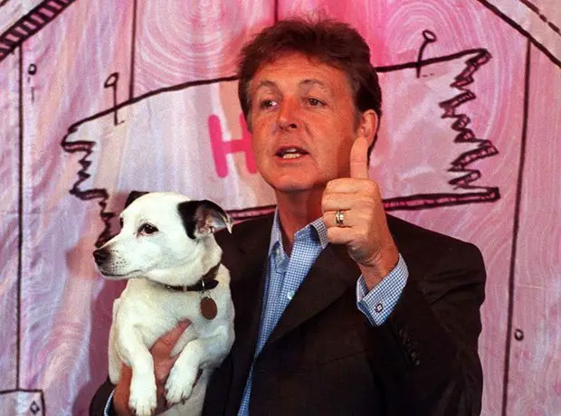 Paul McCartney holding his Jack Russell while he's talking