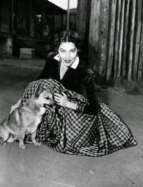 black and white photo of Ava Gardner with her Corgi