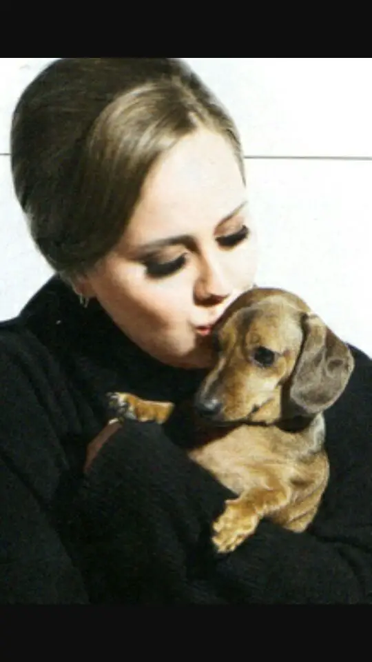 Adele kissing her Dachshund on the forehead