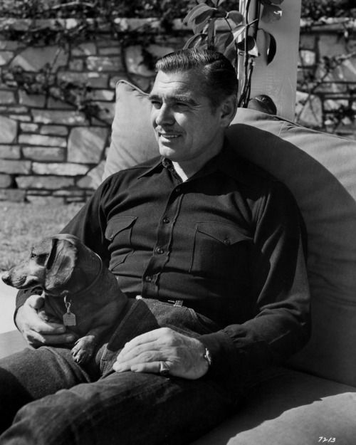 black and white photo of Clark Gable sitting on the chair in the garden with his Dachshund in his lap 