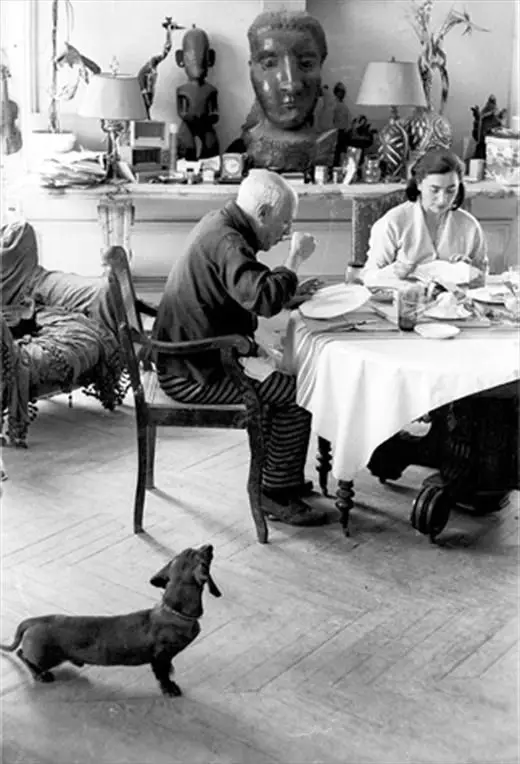 Picasso eating at the table while his Dachshund is standing on the floor while looking at him