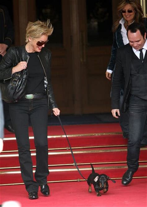 Sharon Stone walking outside from the hotel with her Dachshund on a leash