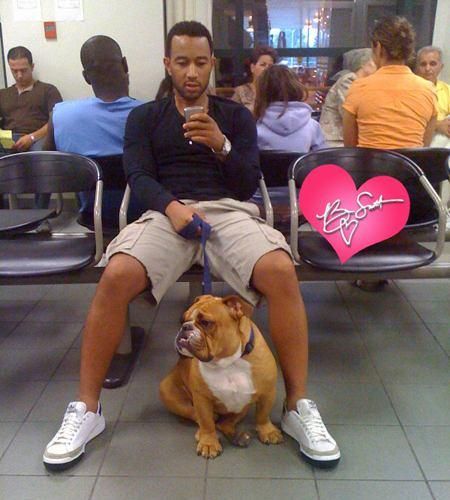 John Legend sitting on the bench with his English Bulldog sitting below him