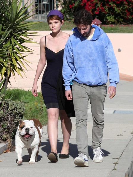  Shia Labeouf And Carey Mulligan walking outdoors with their English Bulldog