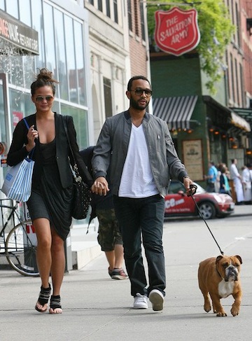 John Legend walking in the street with his English Bulldog